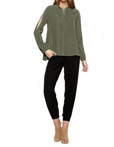 Maven West Long Sleeve Madarin Ruffle Top In Olive In Green
