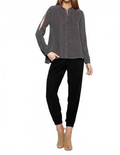 Maven West Long Sleeve Madarin Ruffle Top In Stone In Black