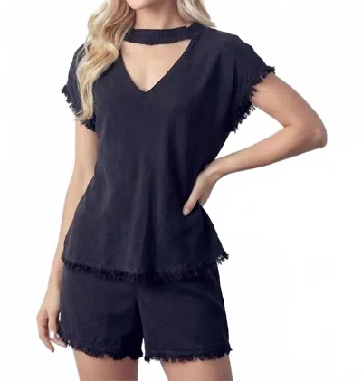 Maven West Short Sleeve Choker Top In Charcoal In Blue