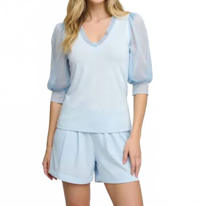Maven West Three Quarter Sleeve Mixed Media Top In Sky Blue