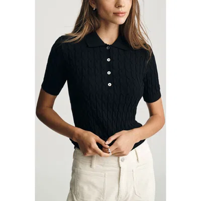 Mavi Jeans Cable Stitch Short Sleeve Cotton & Cashmere Polo Sweater In Black
