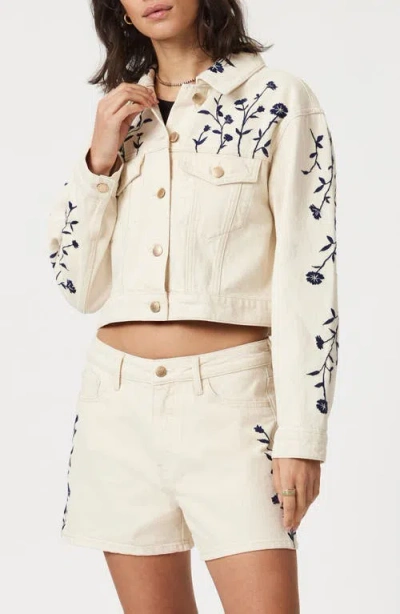 Mavi Jeans Harmony Floral Embroidered Crop Denim Jacket In Neutral