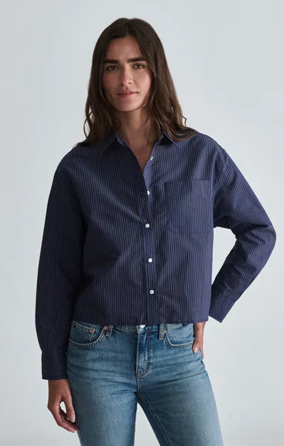 Mavi Long Sleeve Button-up Cropped Woven Shirt In Navy Striped In Blue