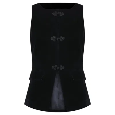Mavlo Women's Black Tailored Velvet Vest With Chinese Knot Buttons