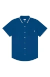 Mavrans Blanket Stitch Short Sleeve Performance Button-up Shirt In Blue
