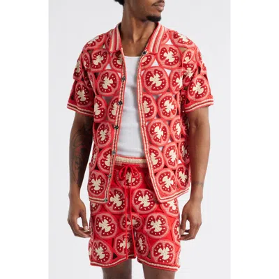 Mavrans Ciao Medallion Crochet Short Sleeve Organic Cotton Snap-up Shirt