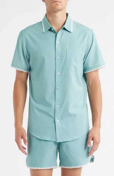 Mavrans Crochet Trim Short Sleeve Performance Button-up Shirt In Blue