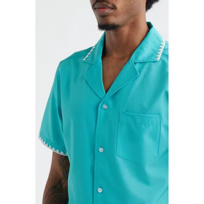Mavrans Crochet Trim Teal Camp Shirt In Blue