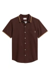 Mavrans Espresso Crochet Trim Short Sleeve Button-up Shirt In Brown