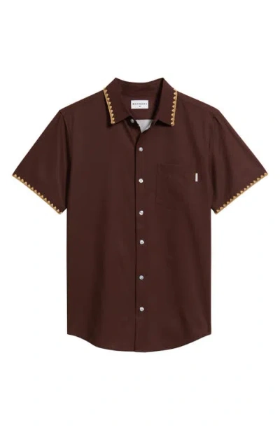 Mavrans Espresso Crochet Trim Short Sleeve Button-up Shirt In Brown