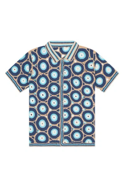 Mavrans Evil Eye Crocheted Short Sleeve Organic Cotton Button-up Shirt In Blue Multi