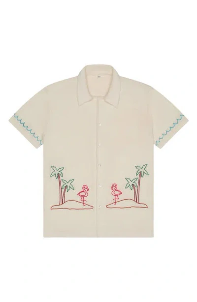 Mavrans Flamingo Beach Terry Cloth Short Sleeve Button-up Shirt In Ivory Multi