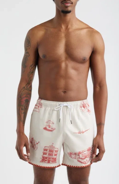 Mavrans Ocean Drive Print Stitch Waterproof Swim Trunks In White