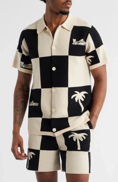 Mavrans Victory Lap Check Graphic Button-up Polo In Neutral