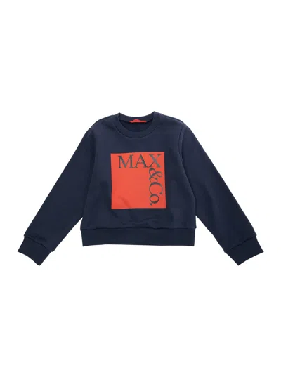 Max&amp;co. Kids' Blue Crewneck T-shirt With Maxi Logo Print On The Front In Cotton Girl