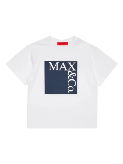 Max&amp;co. Kids' White T-shirt For Girls With Logo In Bianca/blu