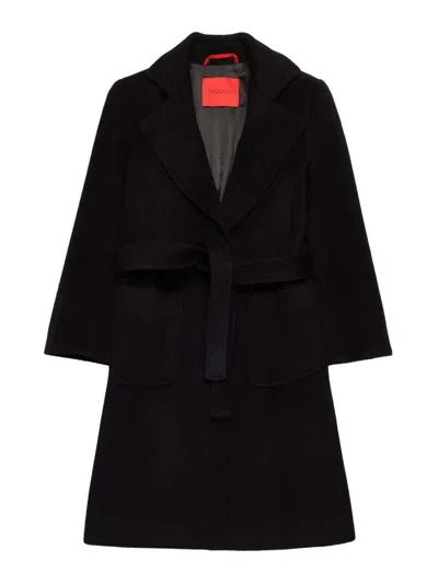 Max & Co Kids' Black Belted Waist Wool Coat In Animal Print