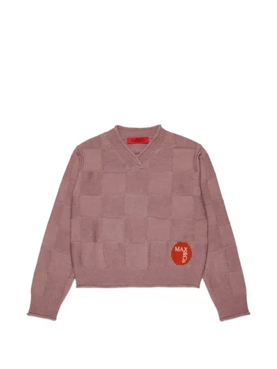 Max & Co Kids' 체커보드 니트 로고 디테일 스웨터 In Pink