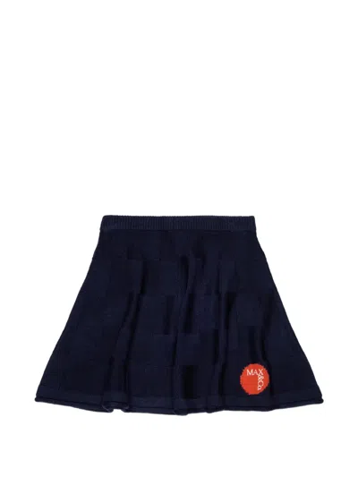 Max & Co Kids' 체크 니트 로고 패치 스커트 In Blue