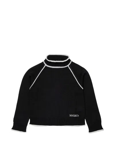 Max & Co Kids' Contrast-stitch Roll-neck Sweater In Black
