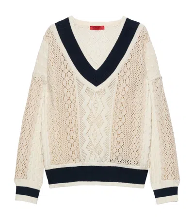 Max & Co . Cotton Crochet V-neck Sweater In White