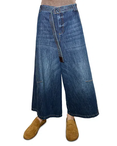 Max & Co . Epoche Mid Rise Belted Wide Leg Jeans In Navy In Blue
