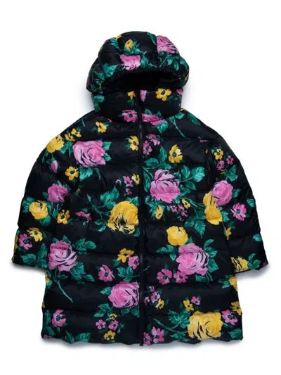 Max & Co Kids' Floral-print Quilted Hooded Coat In Black