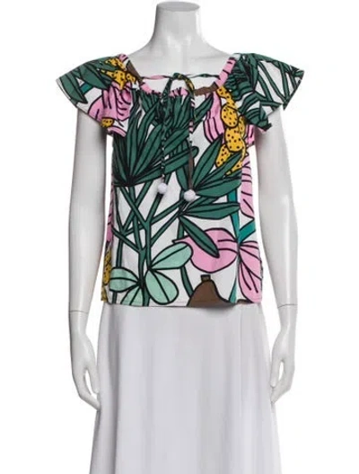 Pre-owned Max & Co Floral Print Tie Neck Top In White