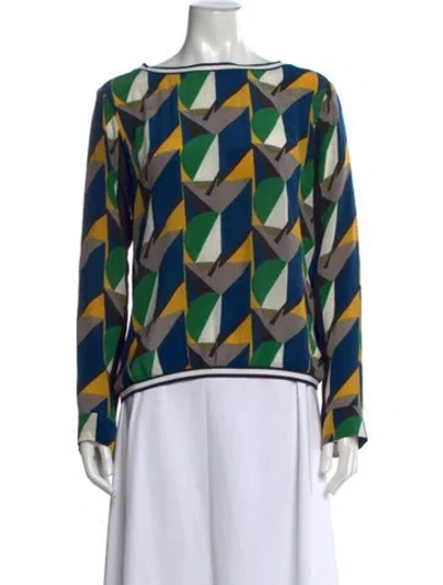 Pre-owned Max & Co Graphic Print Scoop Neck Top In Blue