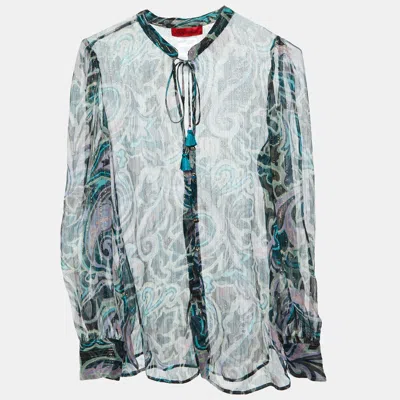 Max & Co Green Printed Lurex Silk Tie-up Neck Detail Blouse In Multi