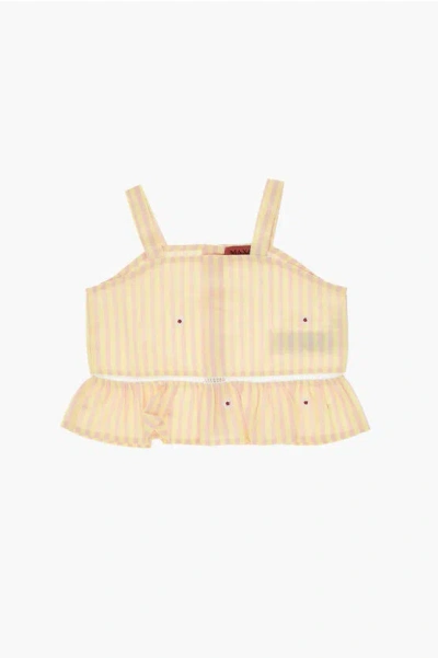 Max & Co. Kid Bicolour Striped Top With Embroidered Flowers In Brown