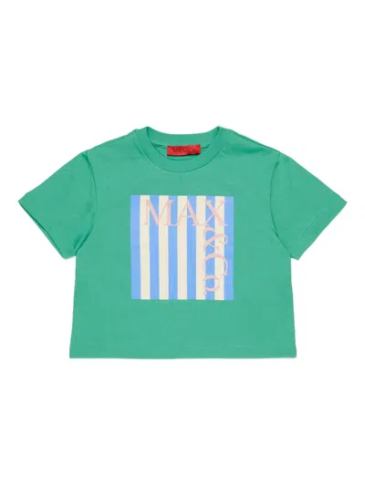 Max & Co Kids' Logo Striped-panel T-shirt In Green
