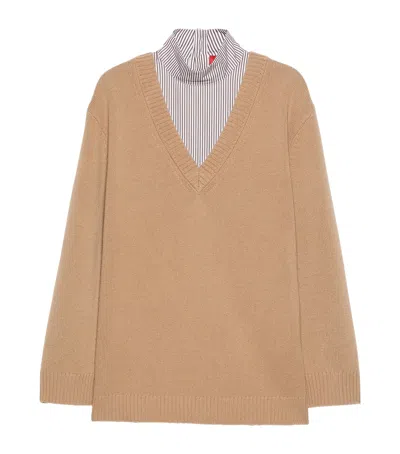 Max & Co . Shirt-detail Wool Sweater In Neutral