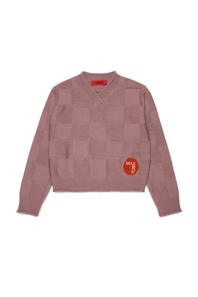 Max & Co Kids' V-neck Pullover With Logo In Pink