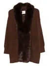 Max & Moi Faux-fur Collar Ribbed Cardigan In Brown