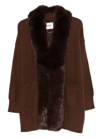 Max & Moi Faux-fur Collar Ribbed Cardigan In Brown