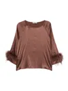 Max & Moi Feather-trimmed Silk Top In Brown