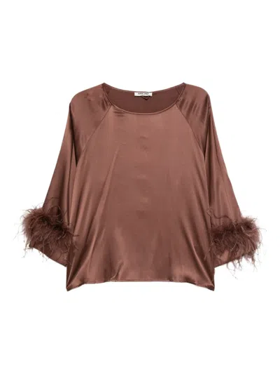 Max & Moi Feather-trimmed Silk Top In Brown
