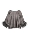 Max & Moi Feather-trimmed Stretch Silk Top In Black