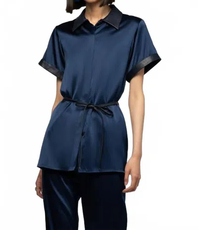 Max & Moi Langelika Silk Top With Leather Detail In Marine In Blue
