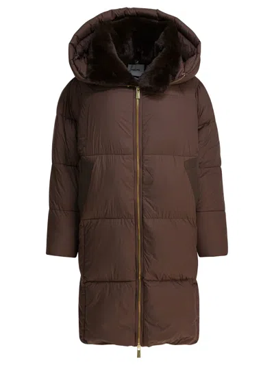 Max&moi Long Down Jacket With Over Hood In Brown