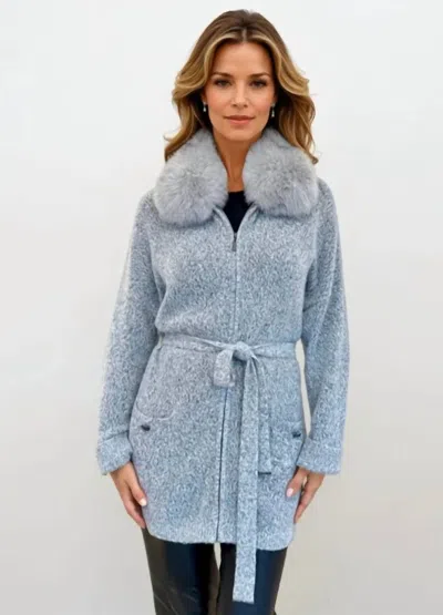 Max & Moi Long Zip Cardigan With Fox Fur Collar In Lt. Grey In Blue