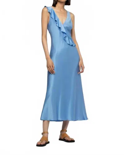 Max & Moi Rarthemis Long Midi Silk Dress With Ruffles In Denim In Multi