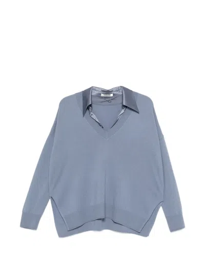 Max & Moi Satin-collar V-neck Sweater In Blue
