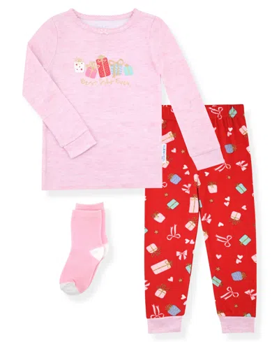 Max & Olivia Kids' 12m-5t Girls 3-piece Snug Fit Holiday Long Sleeve T-shirt, Pants And Socks Pajama Set In Pink