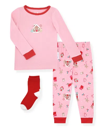 Max & Olivia Kids' 12m-5t Girls 3-piece Snug Fit Holiday Long Sleeve T-shirt, Pants And Socks Pajama Set In Pink
