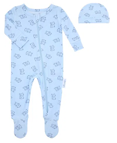 Max & Olivia Baby Boys' Bear Ribbed Round Neck Footie Sleep & Play And Hat, 2-piece Set In Blue