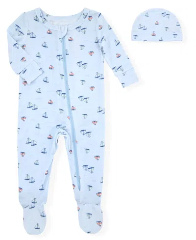 Max & Olivia Baby Boys' Sail Boat Printed Round Neck Footie Sleep & Play And Hat, 2-piece Set In Blue