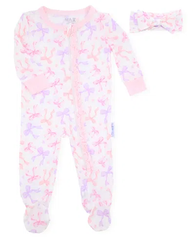 Max & Olivia Baby Girls 2-piece Print Footie With Headband Set In Pink