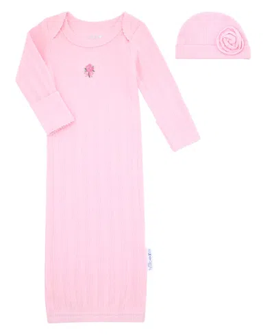 Max & Olivia Baby Girls' Long-sleeve Gown And Hat, 2-piece Set In Pink